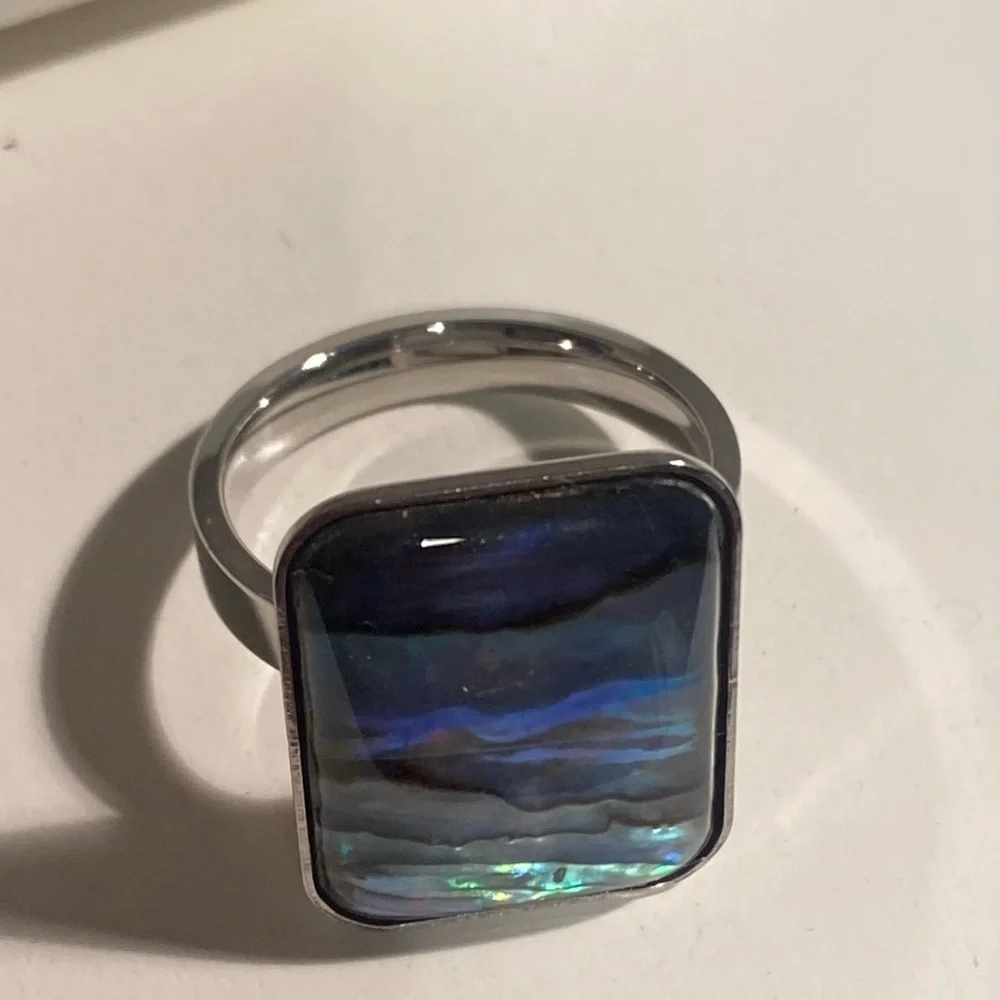 NEW Oversized Abalone Statement Ring Silver Boho Iridescent Shell Jewelry GIFT